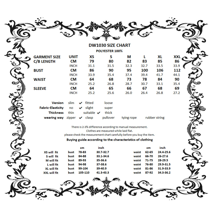 Torn Ribbon Gothic Doll Dress size chart