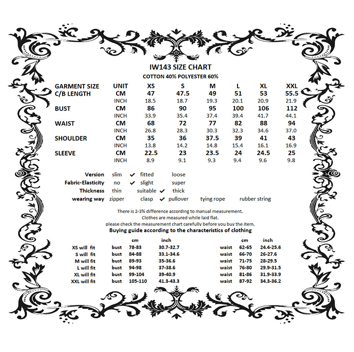 Headmistress of Bats Pinstripe Shirt size chart
