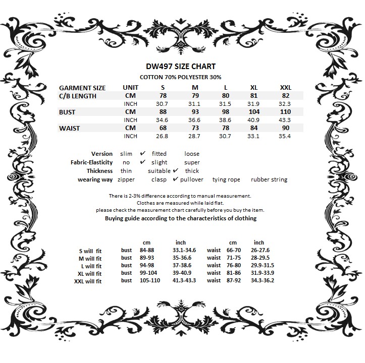 Constellation Rebel Chain Suspender Skirt size chart